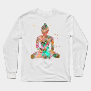 Buddha Watercolor Painting Gold Aqua Long Sleeve T-Shirt